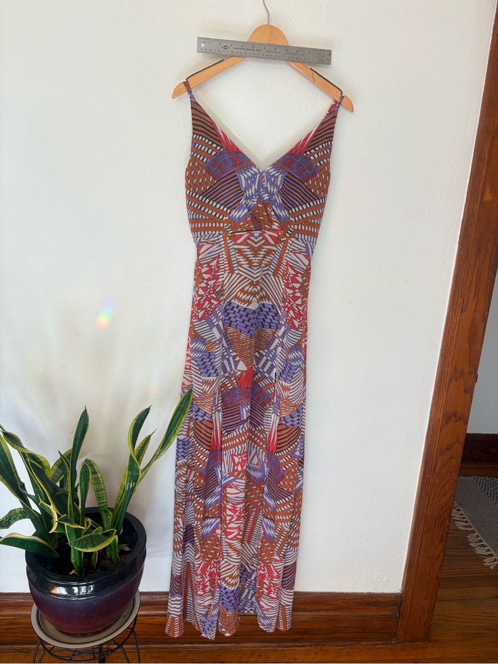Sleeveless Geometric Maxi Dress in Rust, Purple & White